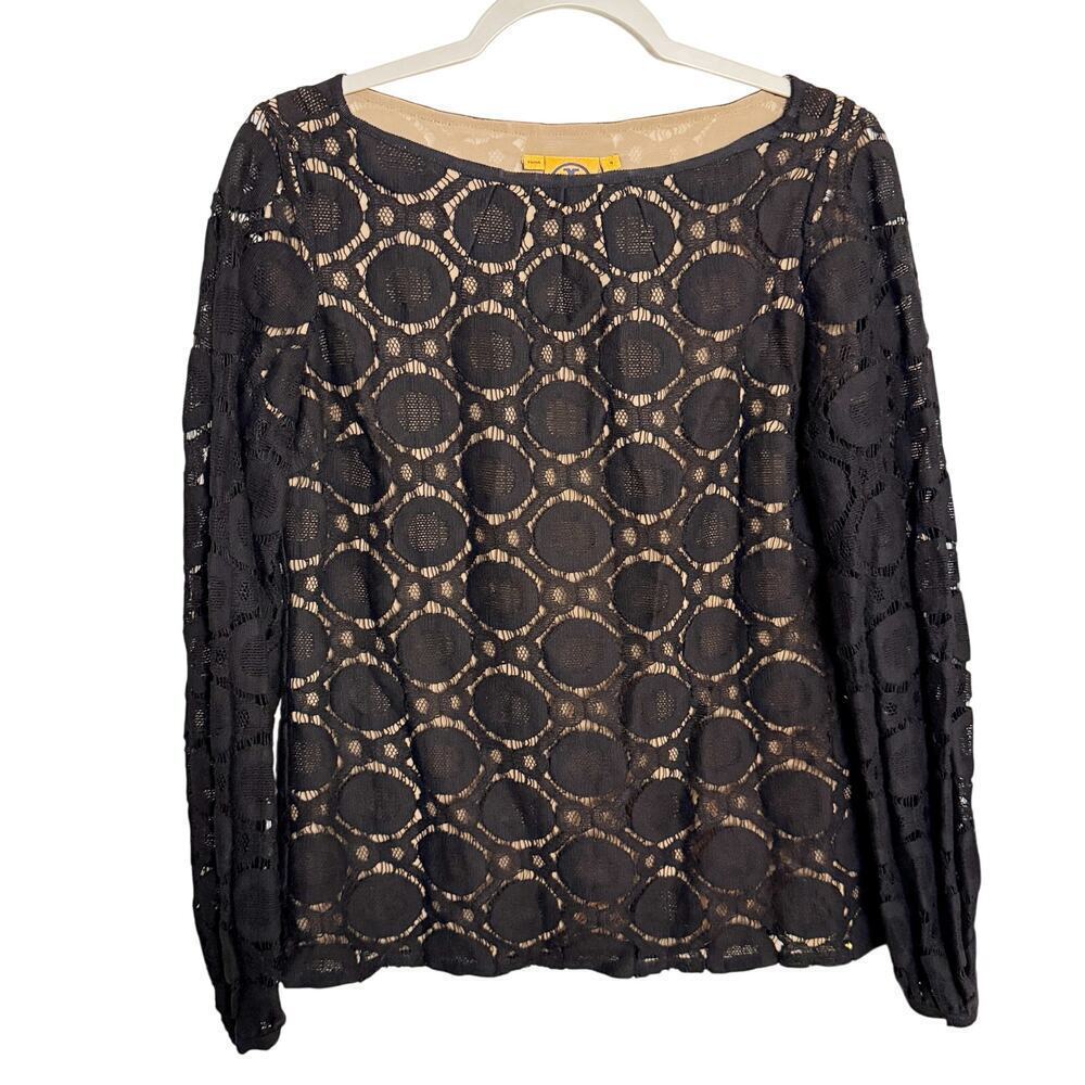 Tory Burch Long Sleeve Lace Top Black Boatneck Blouse Size 4